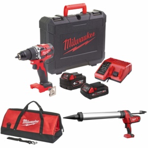 Kit 2 scule Milwaukee - pistol silicon 600 ml, masina de gaurit 60 Nm, 2 acumulatori (2 Ah; 4 Ah), incarcator, valize