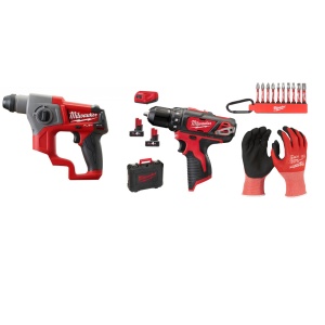 Kit Ciocan rotopercutor SDS-Plus, CH-402C, 12V + Masina de gaurit 12V, 2 baterii, incarcator, geanta, accesorii
