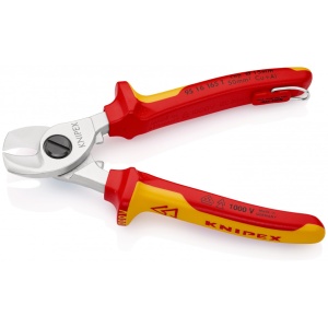 KNIPEX 95 16 165 T Foarfece de tăiat cabluri izolat cu manșoane-multicomponent, verificat de VDE, cu cârlig de fixare integrat, izolat, pentru montarea unei siguranțe împotriva căderii cromat 165 mm - Img 2
