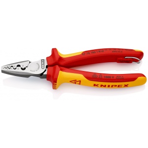 KNIPEX 97 78 180 T clește de sertizare pentru ferule izolat cu manșoane-multicomponent, verificat de VDE, cu cârlig de fixare integrat, izolat, pentru montarea unei siguranțe împotriva căderii 180 mm - Img 1