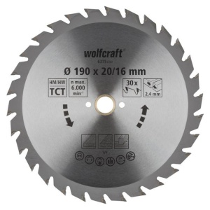 Panza pentru fierastrau circular Wolfcraft 6375000, diametru 190 mm, diametru interior disc 16 mm, latime taiere 2.4 mm, 30 dinti, seria verde.