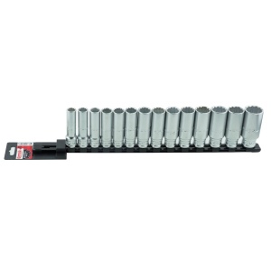 Set 14 capete chei tubulare lungi MOB 1/2” DH pe suport metalic - L 445 mm, 12-27 MM