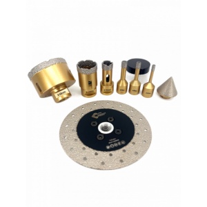 Set carote diamantate pt. gresie portelanata & piatra - diam. 6, 8, 10, 20, 35, 68 (mm), freza conica, disc diamantat slefuire si ceara racire PREMIUM - DXDY.GOLDrill.9SET - Img 2