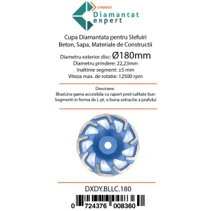 Disc cupa diamantata forma L pentru slefuire Beton/Abrazive 180X22,2mm Standard Profesional - BlueLine - DXDY.BLLC.180 - Img 4