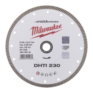 Disc diamantat Speedcross Milwaukee DHTI 230mm, pentru granit, piatră artificială și în special pentru plăci dure (gresie/porțelan) până la 20 mm grosime, taiere curata si precisa