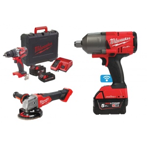 Kit cheie impact 3/4", cuplu 2034 Nm + polizor unghiular 125 mm, + filetanta 60 Nm, 3 acumulatori 2Ah, 4Ah, 5Ah, incarcator.
