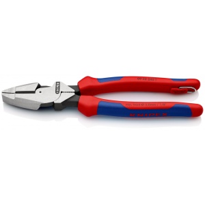 KNIPEX 09 02 240 T Patenti Combi cu parghie mare "Lineman's Pliers" cu cârlig de fixare model american cu manşoane multicomponent, cu cârlig de fixare integrat pentru montarea unei siguranţe împotriva căderii vopsit negru 240 mm