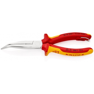 KNIPEX 26 26 200 T Clește plat-rotund cu tăiș (patent cu cioc angular) izolat cu manșoane-multicomponent, verificat de VDE, cu cârlig de fixare integrat, izolat, pentru montarea unei siguranțe împotriva căderii cromat 200 mm