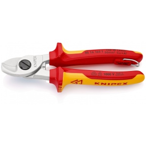 KNIPEX 95 16 165 T Foarfece de tăiat cabluri izolat cu manșoane-multicomponent, verificat de VDE, cu cârlig de fixare integrat, izolat, pentru montarea unei siguranțe împotriva căderii cromat 165 mm