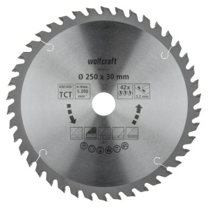 Panza pentru fierastrau circular de masa Wolfcraft 6680000, diametru 250 mm, diametru interior disc 30 mm, latime taiere 3.2 mm, 42 dinti, seria orange.