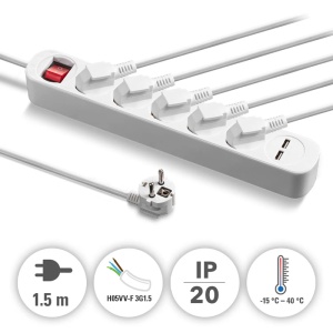 Prelungitor cu comutator, 5 prize + 2 USB, 3x1.5mm / 1.5m, 230V, Trotec, tip PVH5 - Img 6