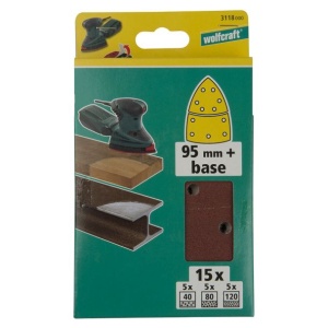 Set 15 foi abrazive autoadezive Wolfcraft 3118000, Gr. 40/80/120, perforate, foaie delta 95 mm + foaie baza cu scai 2 pcs.: foaie delta 95 mm + foaie baza cu scai - Img 2