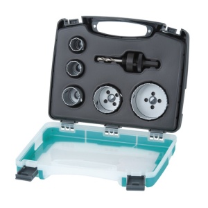 Set 6 piese pentru instalatii electrice si sanitare Wolfcraft 3498000, 5 carote bimetal diametru D 25, 29, 35, 51, 68 mm, 1 adaptor pentru carote bimetal cu burghiu de centrare HSS - Img 1