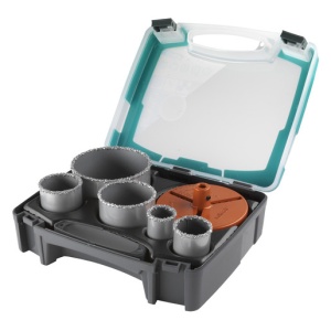 Set 7 piese Wolfcraft 5424000, 5 carote diamantate, diametru D 33, 43, 53, 68, 103 mm, adancime de taiere 55 mm, 1 Adaptor, 1 burghiu de centrare