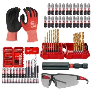 Set 95 piese accesorii insurubare si gaurire lemn, otel, plastic + manusi si ochelari de lucru - Img 1