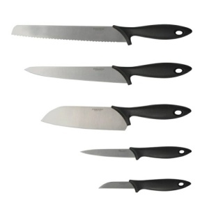 Set suport cu 5 cutite Fiskars, Essential, lame inoxidabile, suport lemn - Img 4