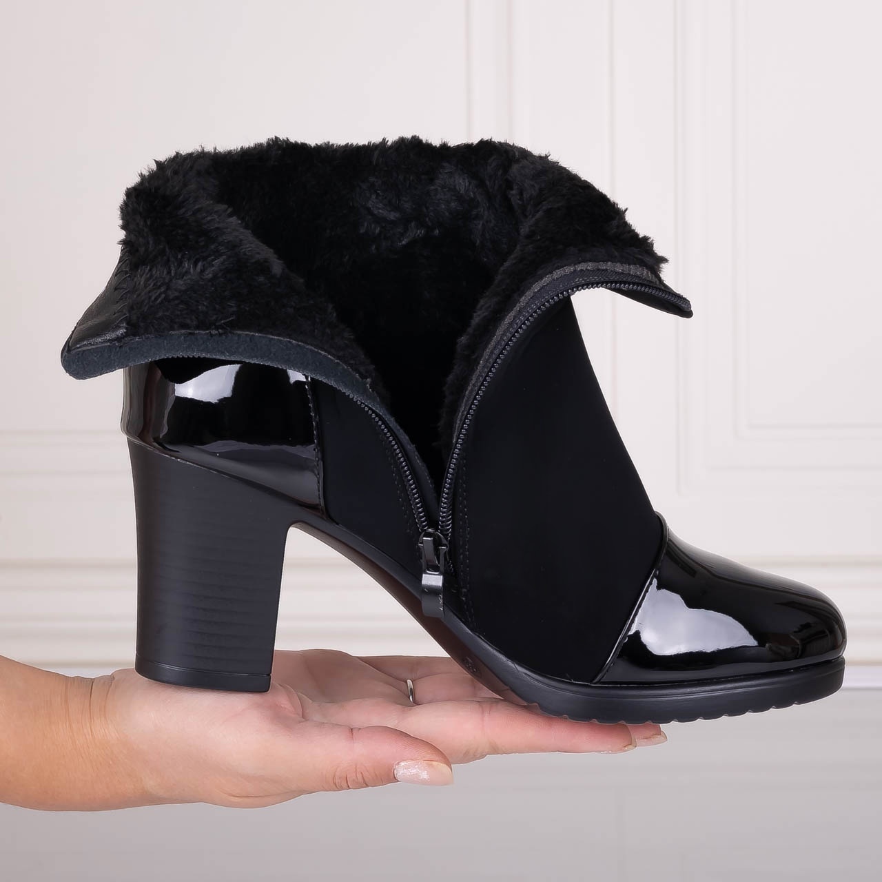 Botine Dama Imblanite Negre din Piele Ecologica Intoarsa Serava - 1 | YEO