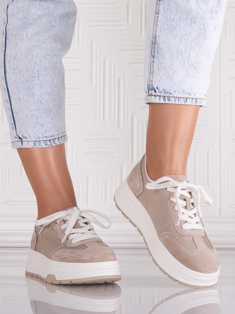 Pantofi dama casual Bej din Piele Naturala Intoarsa si textil Narella - imagine 4