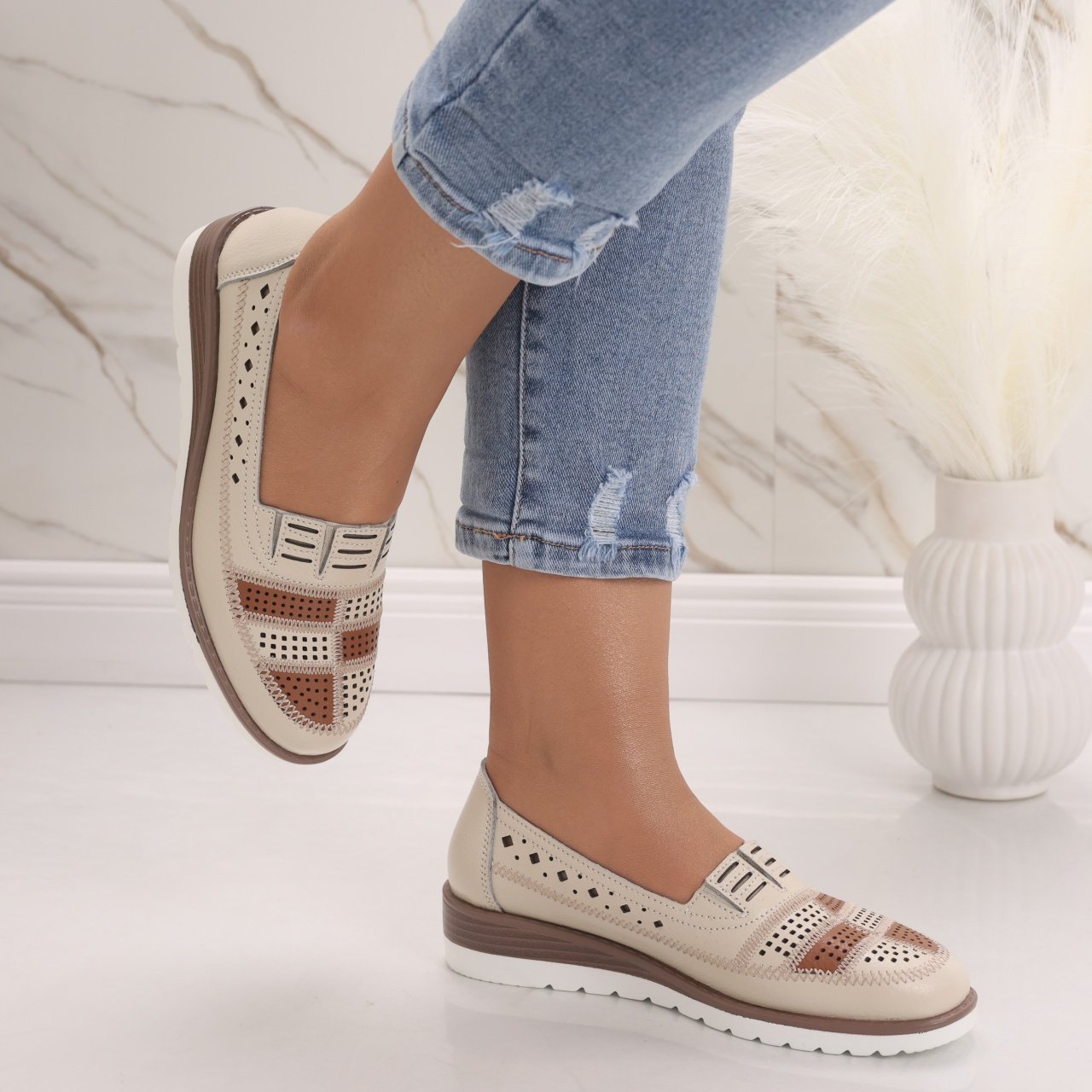 Pantofi dama casual Bej din Piele Naturala Saina - 4 | YEO