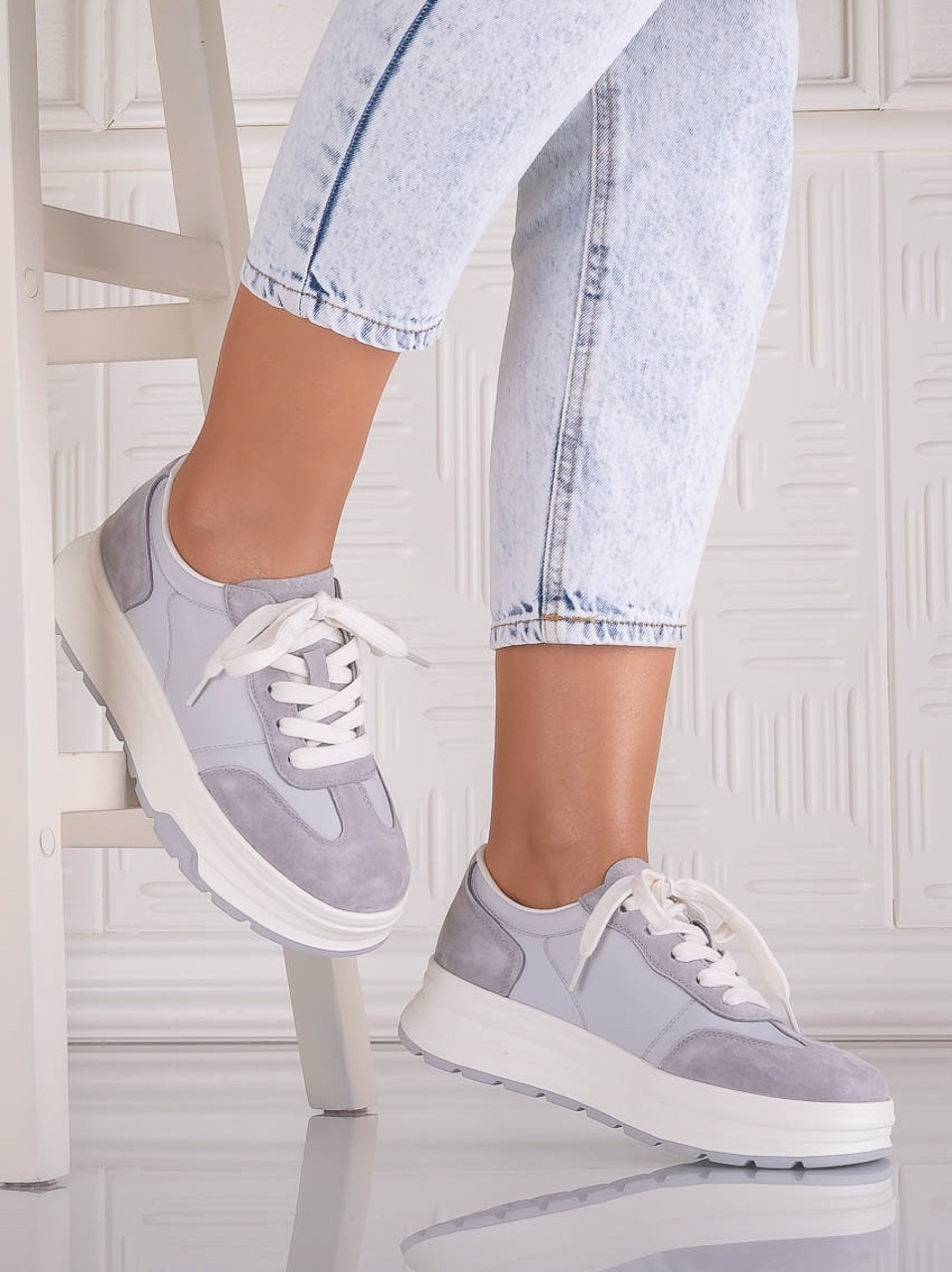 Pantofi dama casual Gri din Piele Naturala Intoarsa si textil Narella - imagine 2