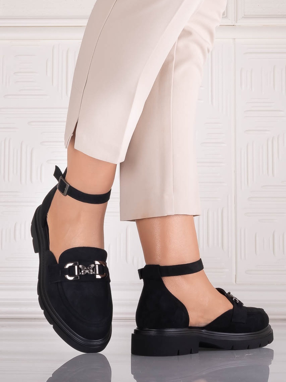 Pantofi dama casual Negri din Piele Ecologica Intoarsa Adiria - CAROLIE - imagine 4