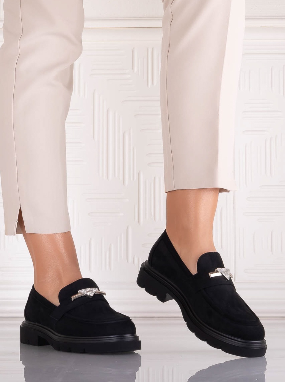 Pantofi dama casual Negri din Piele Ecologica Intoarsa Sudera - CAROLIE - imagine 4