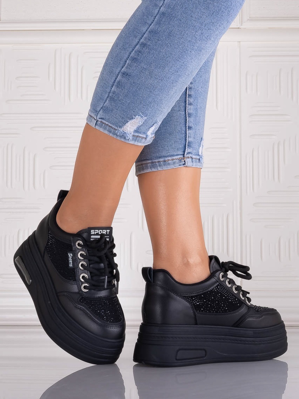 Sneakers dama cu platforma Negri din Piele Ecologica Danisia - imagine 2