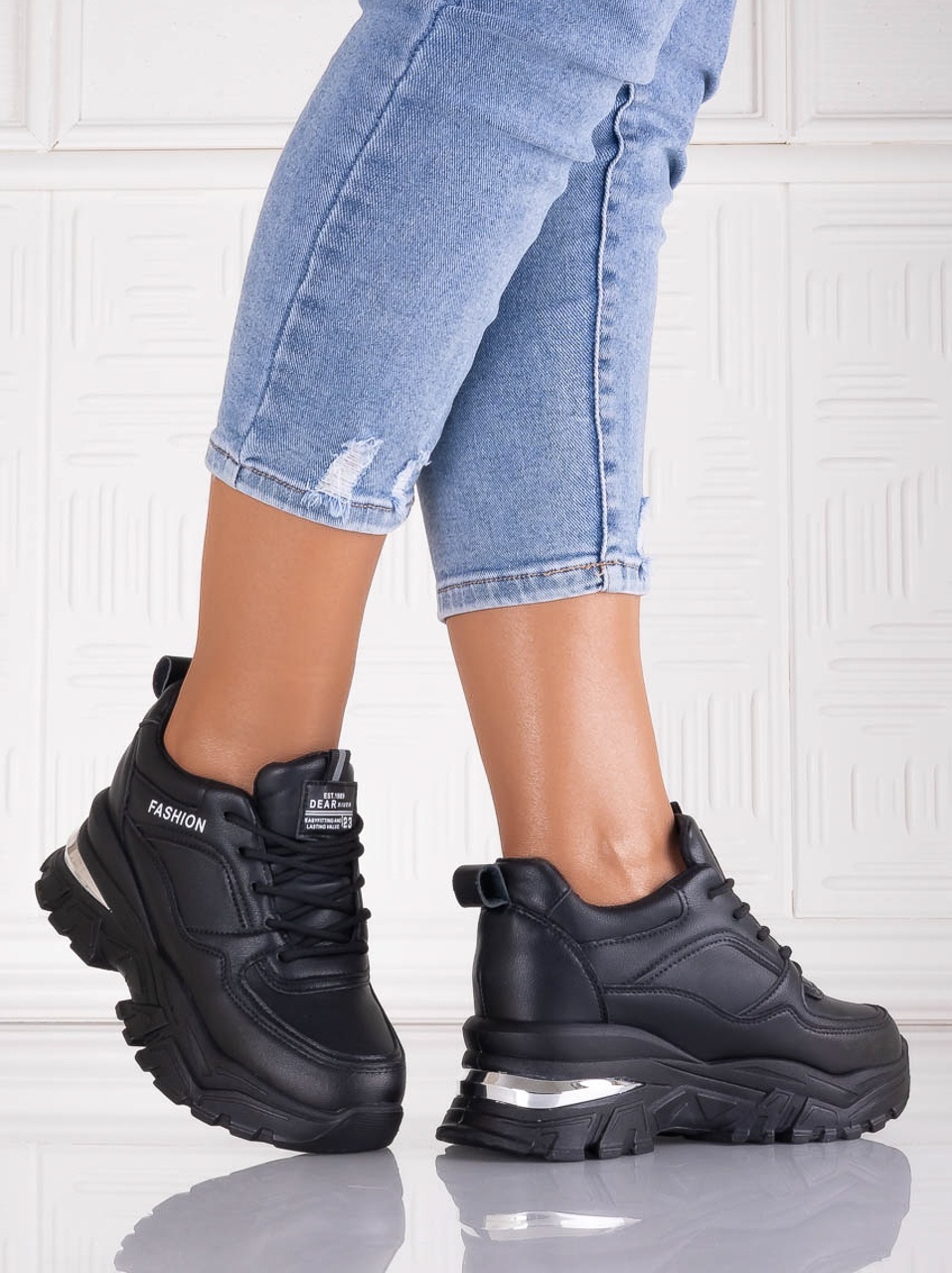 Sneakers dama cu platforma Negri din Piele Ecologica Ninera - imagine 3