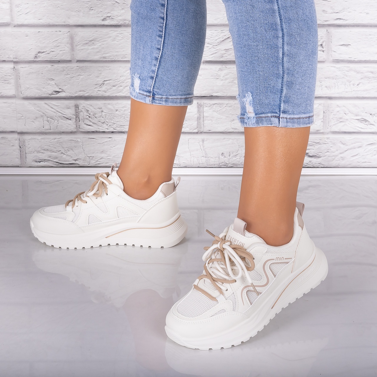 Adidasi dama Bej/kaki din Piele Eco/ Textil Avena - 3 | YEO
