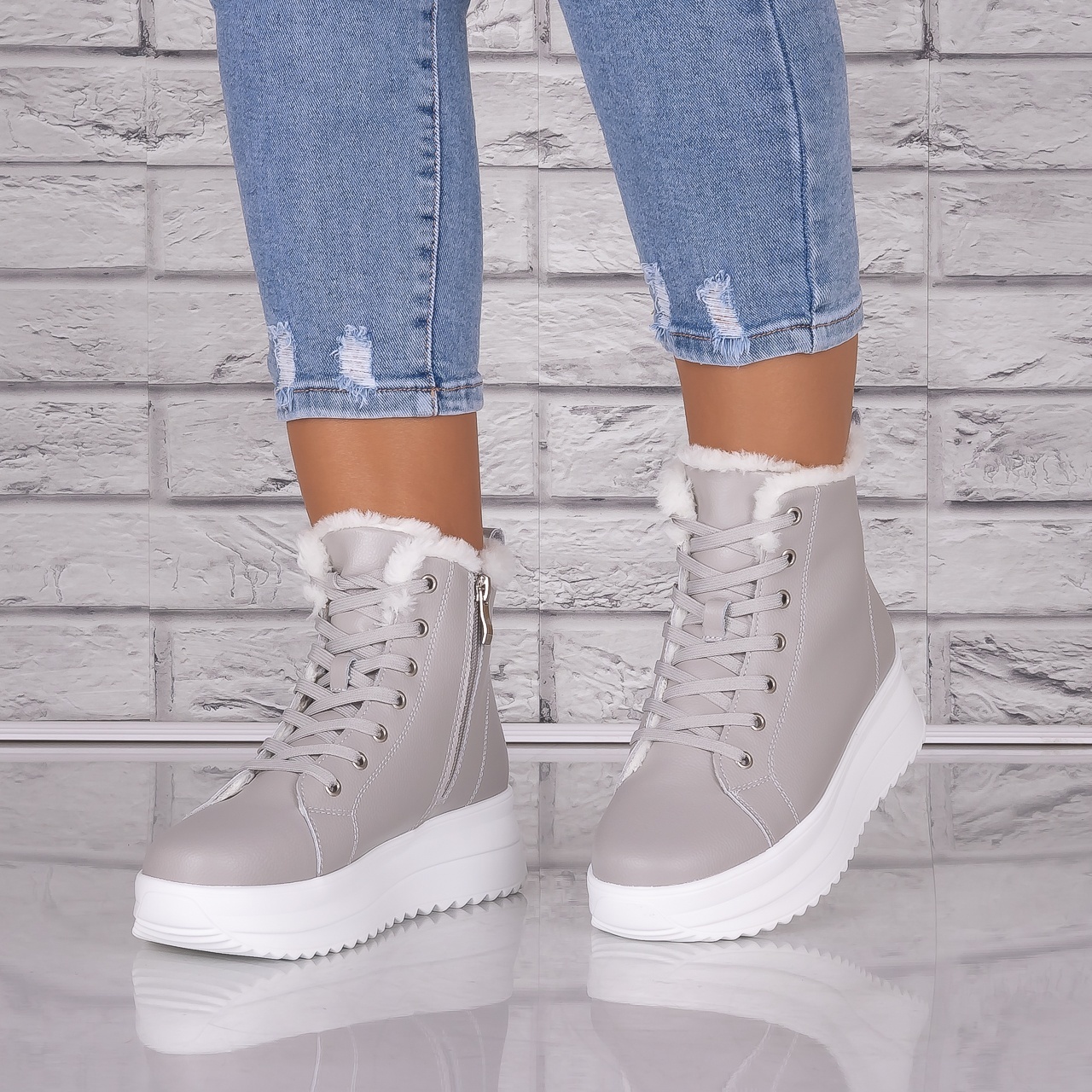 Ghete dama Imblanite Gri din Piele Naturala Weber - 3 | YEO