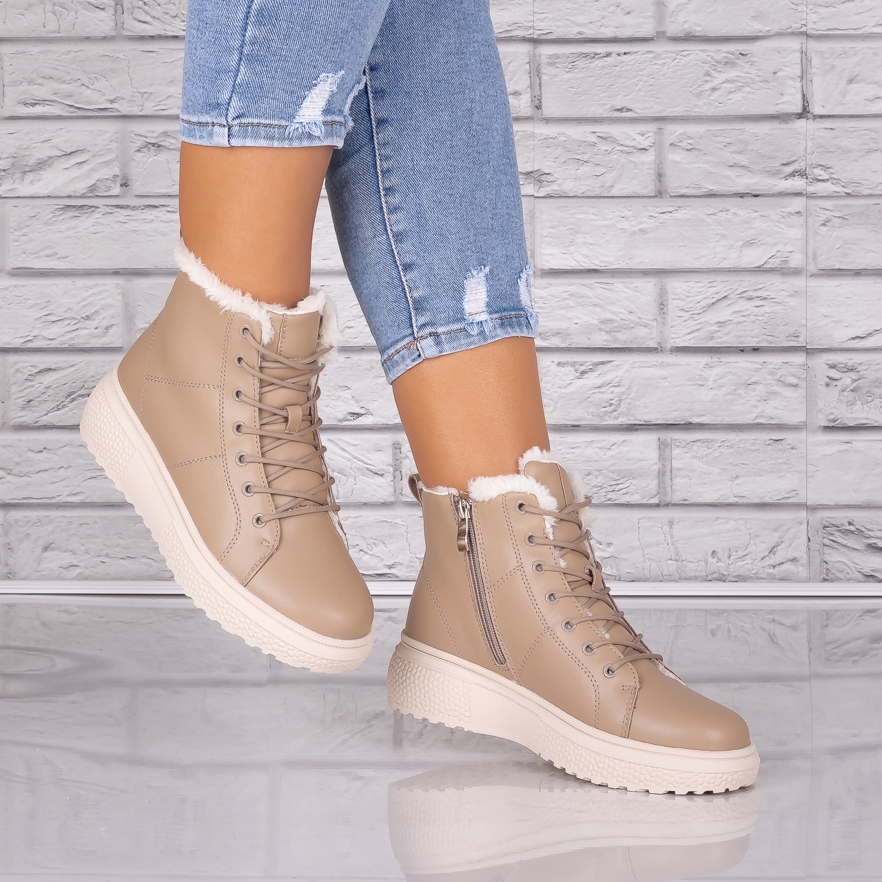 Ghete dama Imblanite Kaki din Piele Naturala Clavira - 3 | YEO