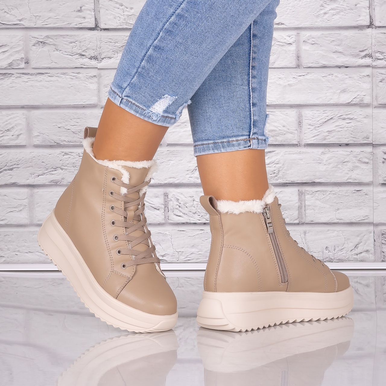 Ghete dama Imblanite Kaki din Piele Naturala Weber - 3 | YEO