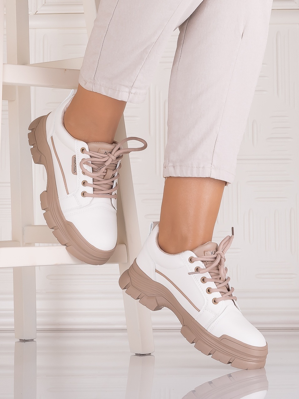 Pantofi casual Alb-Bej dama din Piele Ecologica Astoia - imagine 2