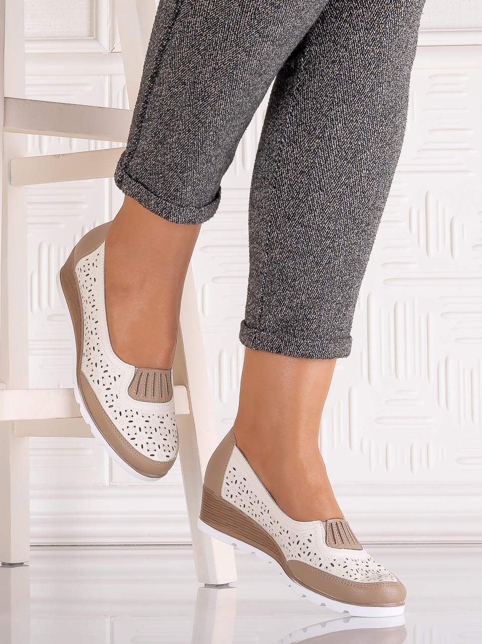 Pantofi dama Bej din Piele Ecologica Masonia - imagine 3