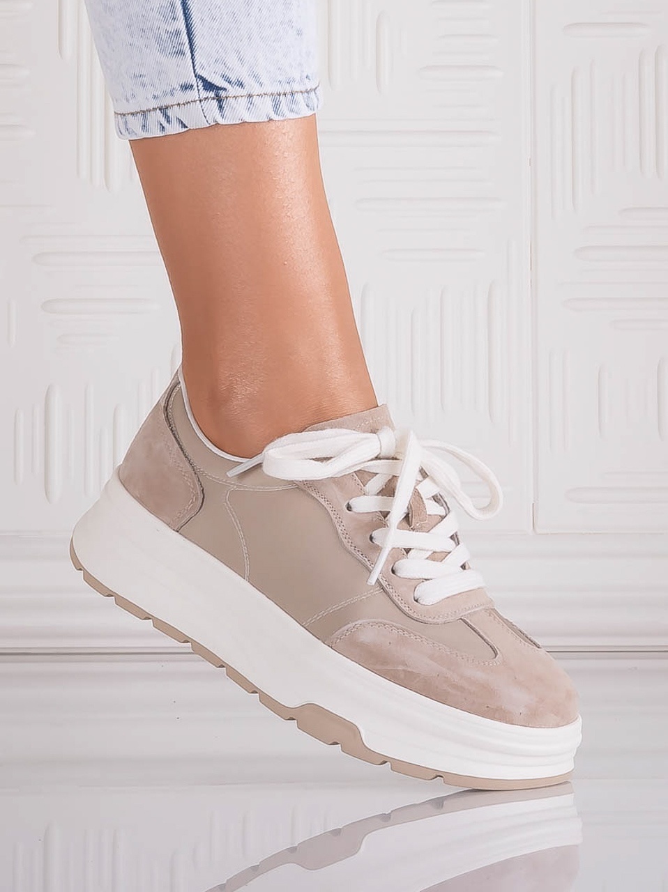 Pantofi dama casual Bej din Piele Naturala Intoarsa si textil Narella - imagine 2