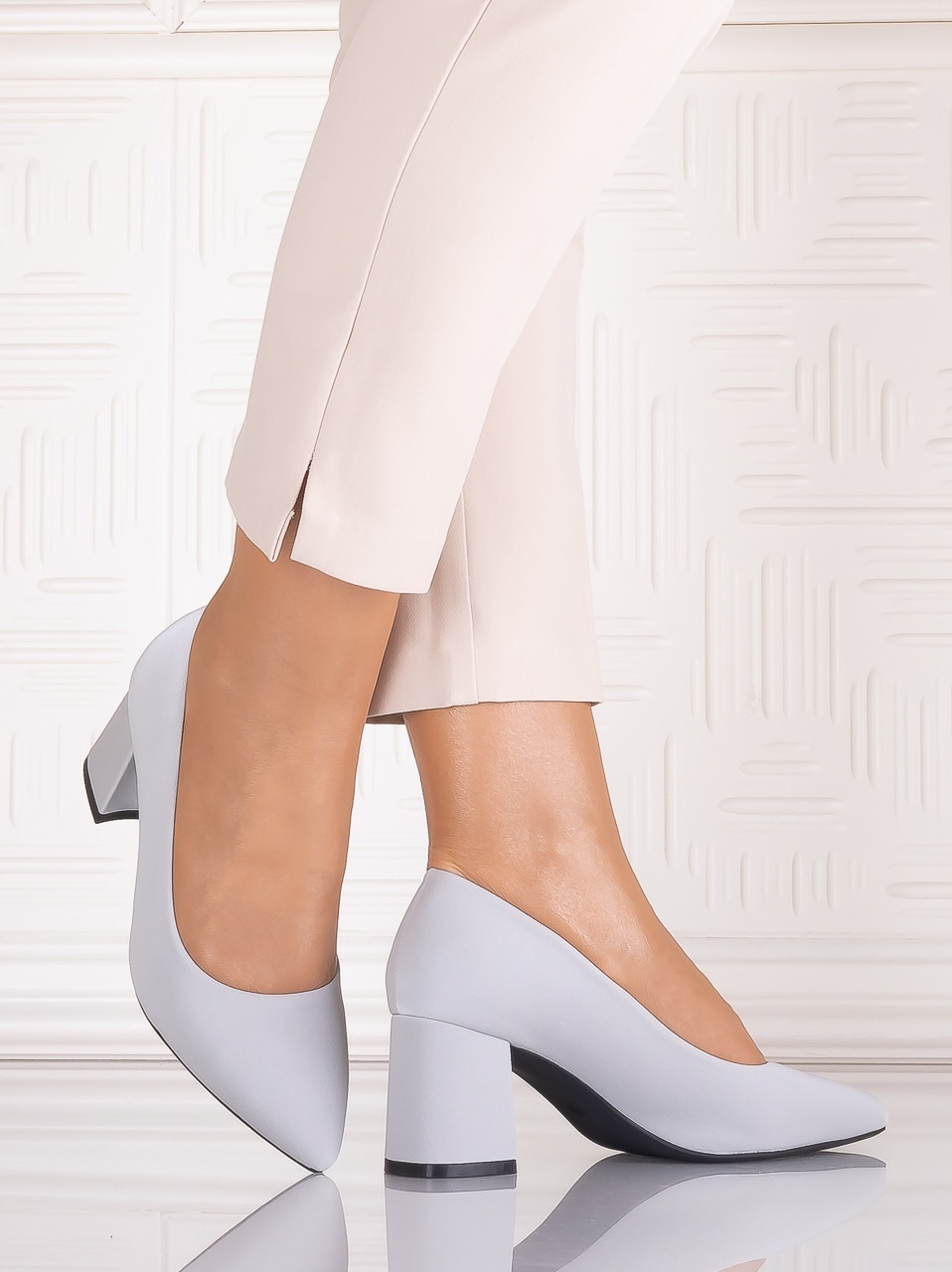 Pantofi dama cu toc Gri din Piele Ecologica Satinata Arriba - imagine 5