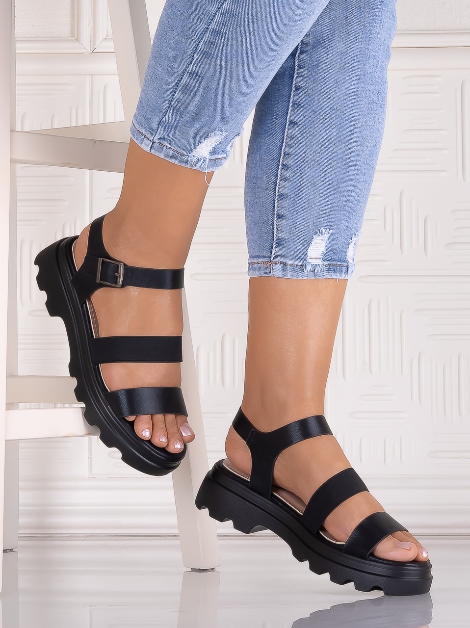 Sandale damă cu platformă Negre din piele Ecologica Artemiss
