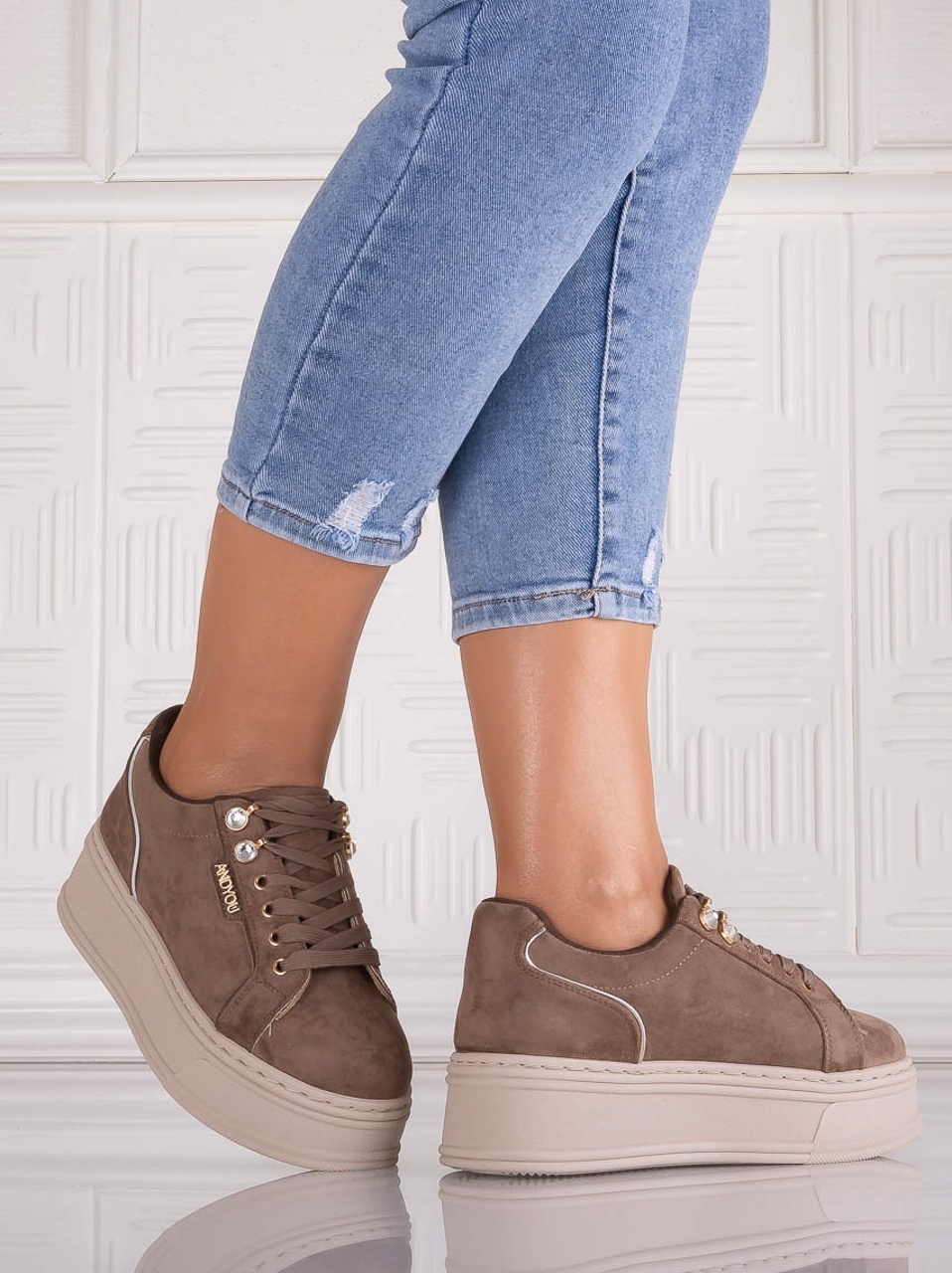 Sneakers dama cu platforma Maro din Piele Ecologica Intoarsa Dalenea - YIYI - imagine 3