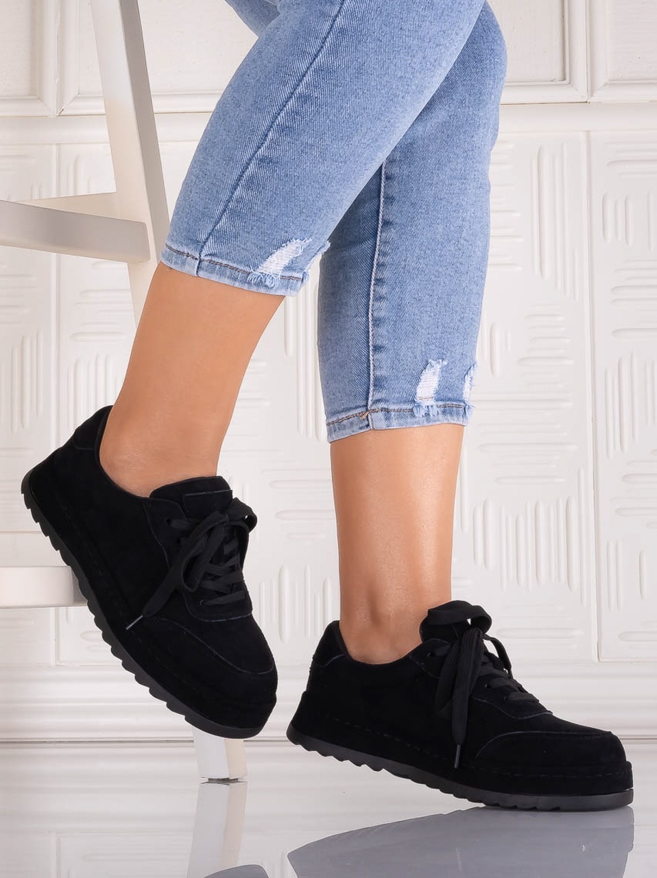 Sneakers dama Negri din Piele Ecologica Intoarsa Daliva - imagine 2