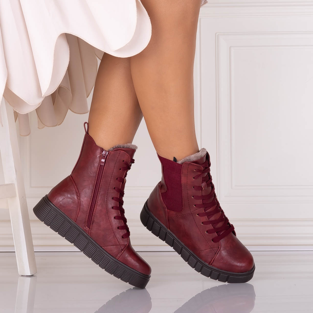 Ghete Dama Imblanite Bordo din Piele Ecologica Jameria - 2 | YEO