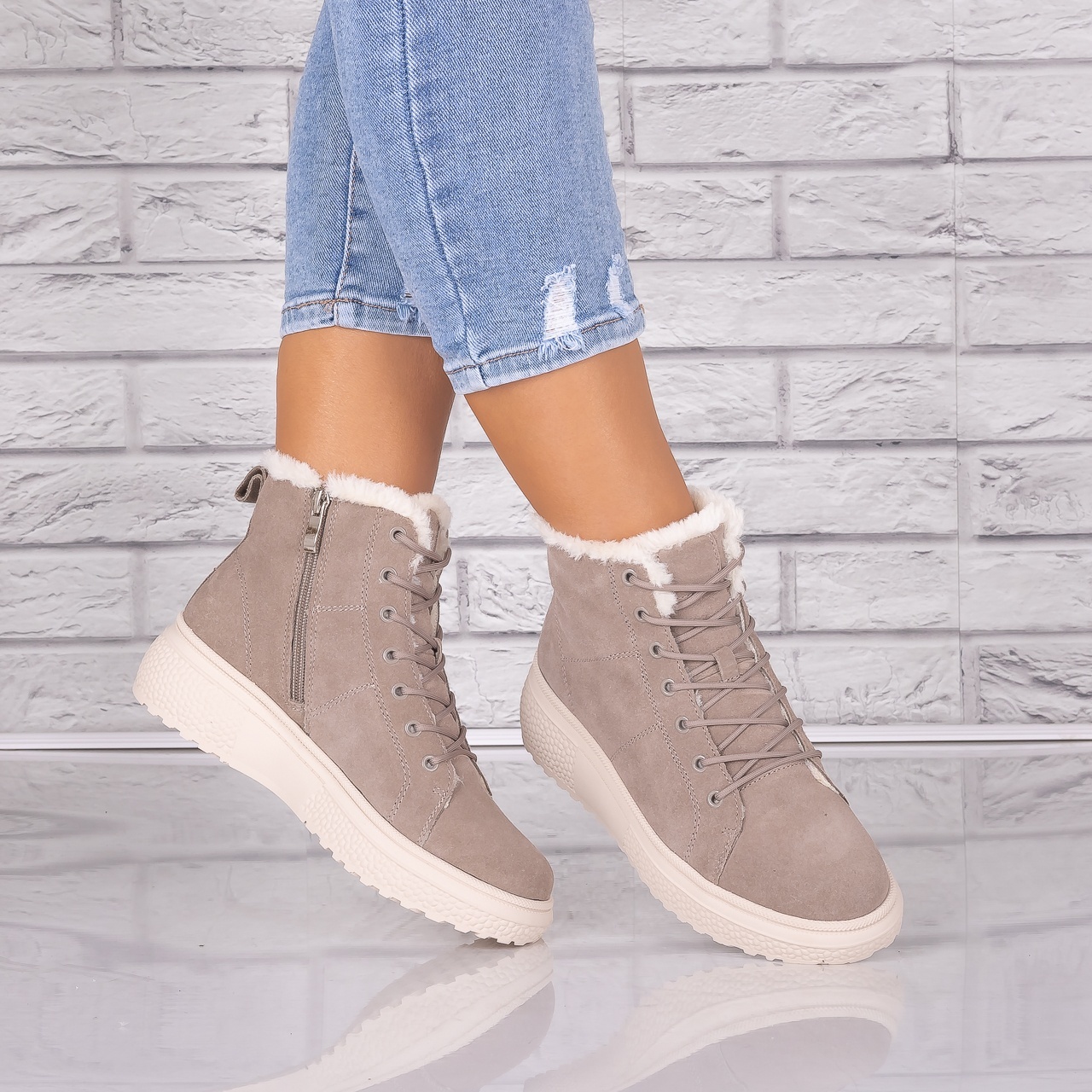 Ghete dama Imblanite Kaki din Piele Naturala Intoarsa Clavira - 1 | YEO