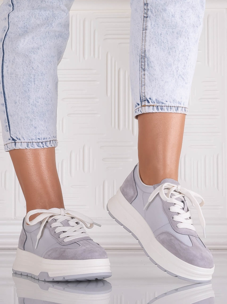 Pantofi dama casual Gri din Piele Naturala Intoarsa si textil Narella - imagine 5