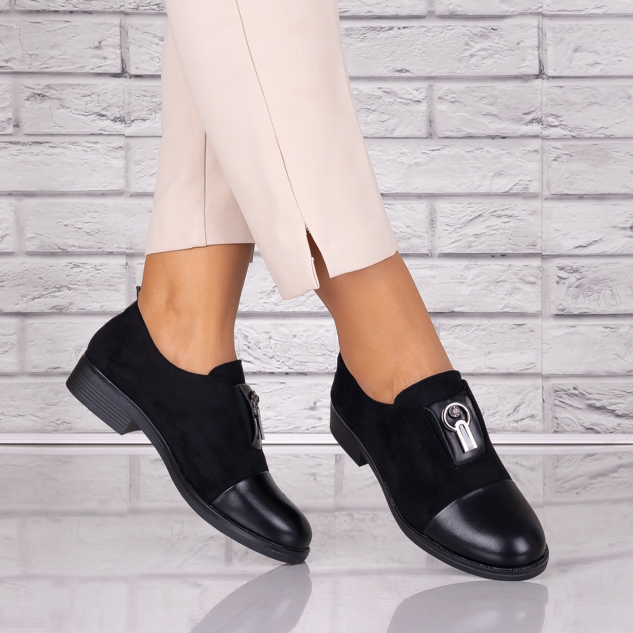 Pantofi dama casual Negri piele ecologica Intoarsa Pietrina - 1 | YEO