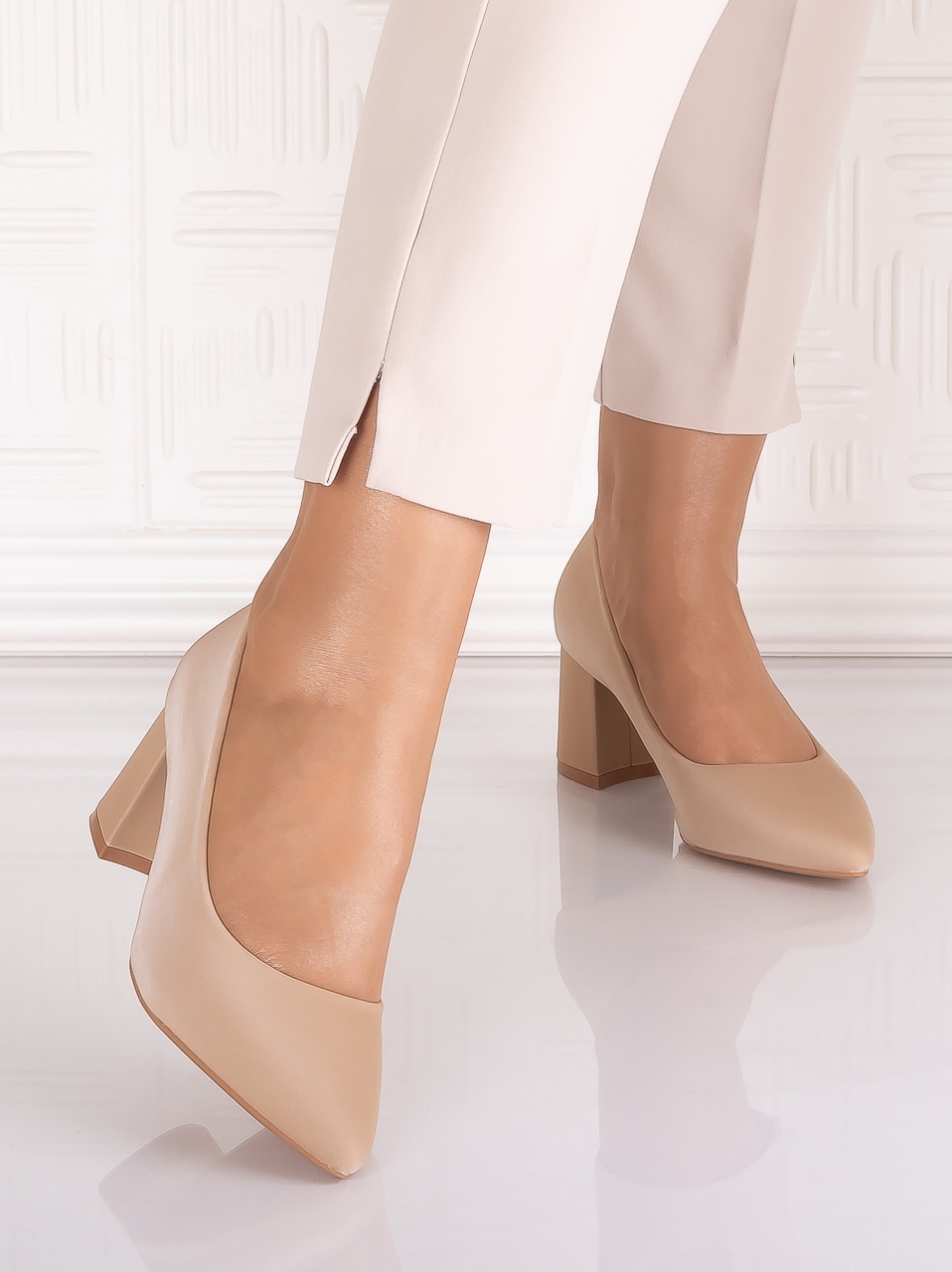 Pantofi dama cu toc Bej din Piele Ecologica Satinata Arriba - imagine 6