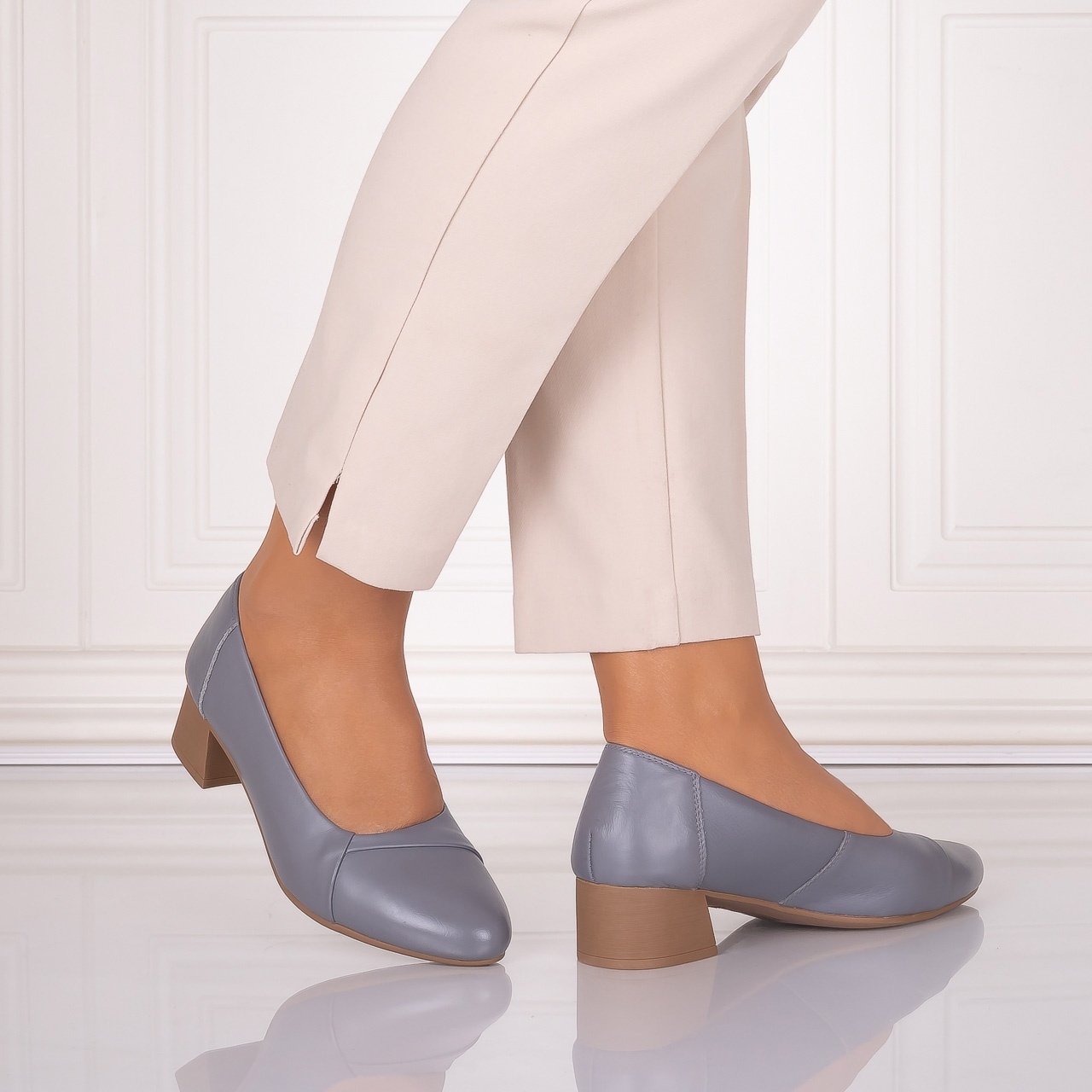 Pantofi dama cu toc Gri din Piele Naturala Rimela - 1 | YEO