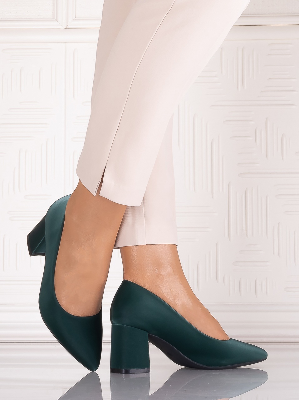 Pantofi dama cu toc Verzi din Piele Ecologica Satinata Arriba - imagine 5