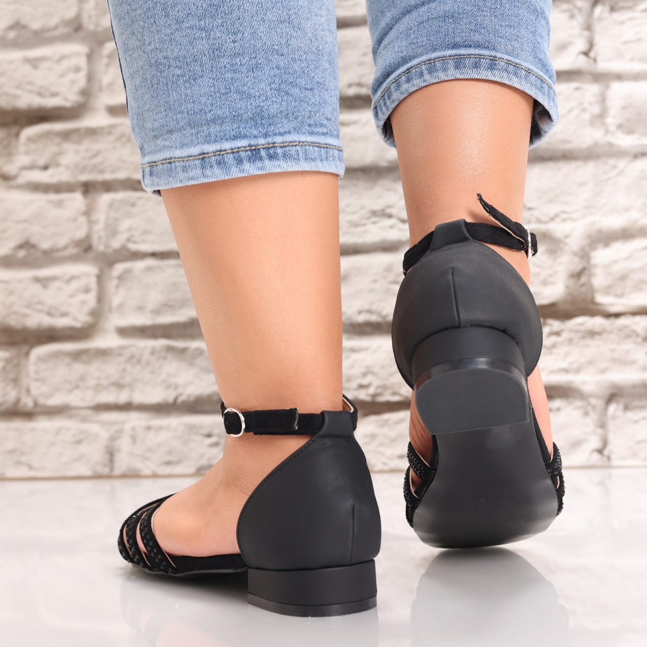 Sandale dama Negre din Piele Ecologica Intoarsa Serrea - 3 | YEO
