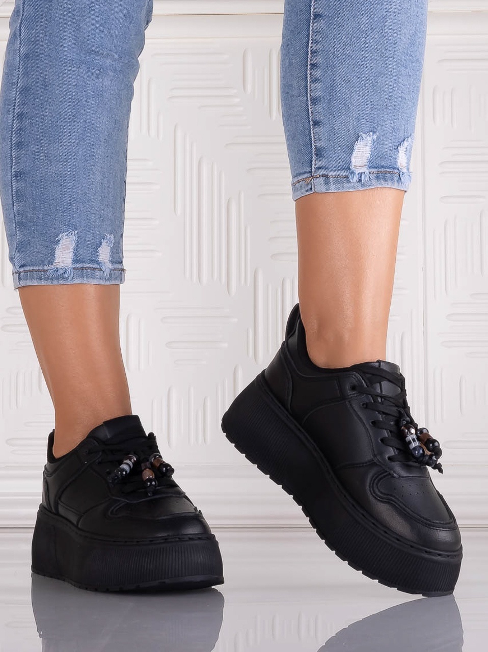 Sneakers dama cu platforma Negri din Piele Ecologica Arenia - imagine 5