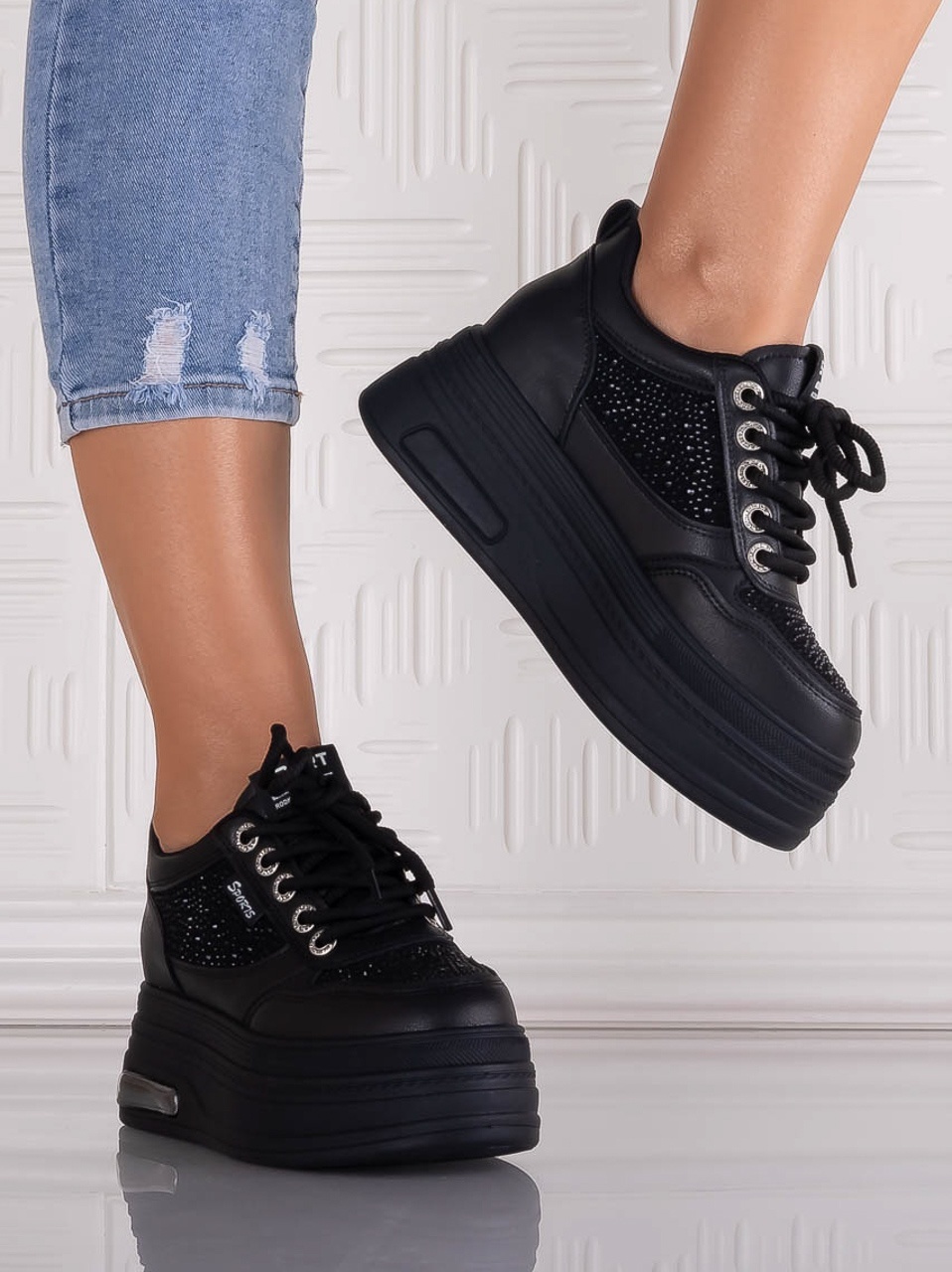 Sneakers dama cu platforma Negri din Piele Ecologica Danisia - imagine 5