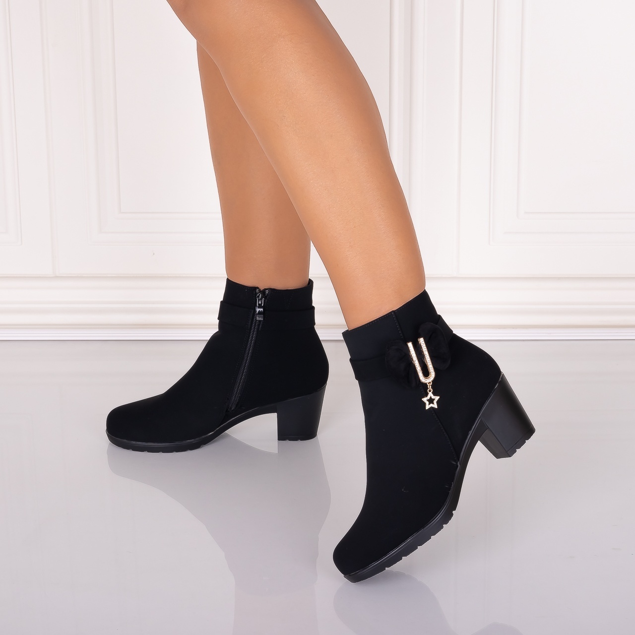 Botine Dama Imblanite cu toc Negre din Piele Ecologica Intoarsa Jomya - 3 | YEO